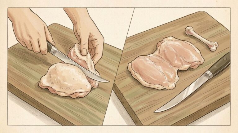 Two-panel illustration of hands deboning a raw chicken thigh with a slim boning knife on a wooden cutting board, then the trimmed thigh and bone set side by side.