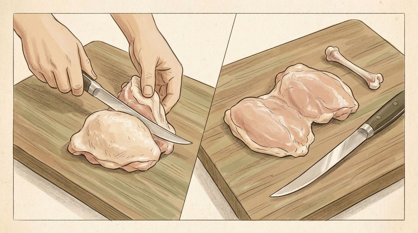 Two-panel illustration of hands deboning a raw chicken thigh with a slim boning knife on a wooden cutting board, then the trimmed thigh and bone set side by side.