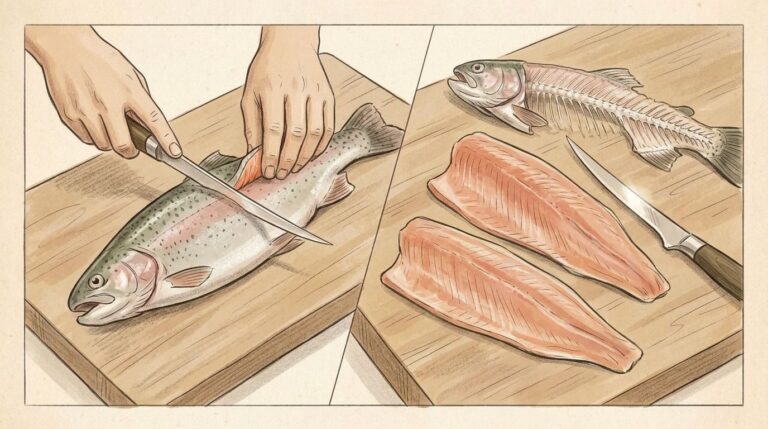 Two-panel illustration of hands filleting a whole rainbow trout with a long thin flexible fillet knife on a wooden cutting board, with the two clean fillets and bare fish skeleton laid out beside the knife.
