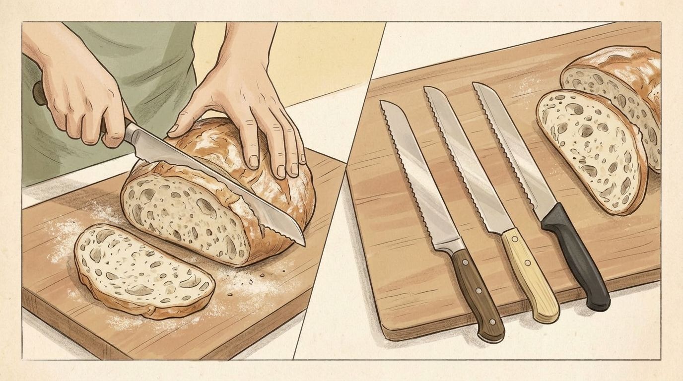 Two-panel illustration: hands slicing a crusty sourdough boule with a serrated bread knife, and three different bread knives arranged in a row beside clean slices showing an open crumb.
