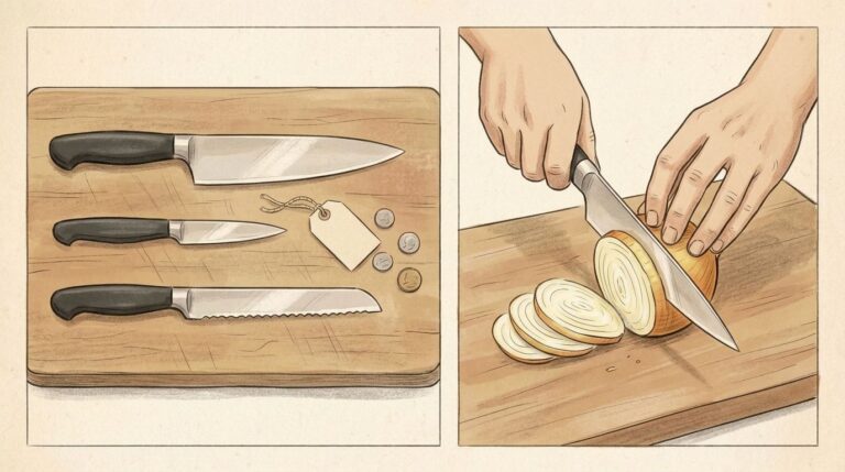 Two-panel illustration of a budget kitchen knife trio (chef, paring, and bread knife with plain black handles) beside a price tag and coins, and hands slicing an onion with the chef knife.